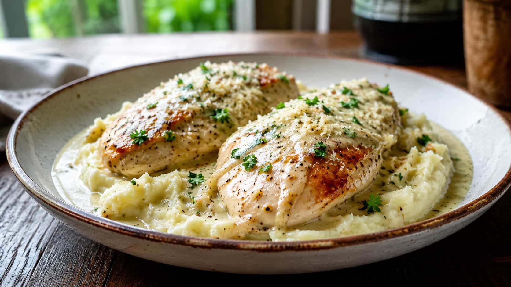 creamy garlic Parmesan chicken breasts in a glossy white sauce plated over mashed potatoes in a wide horizontal shot, served in a rustic ceramic dish with fresh parsley, on a wooden farmhouse table, natural window light, shallow depth of field, landscape orientation