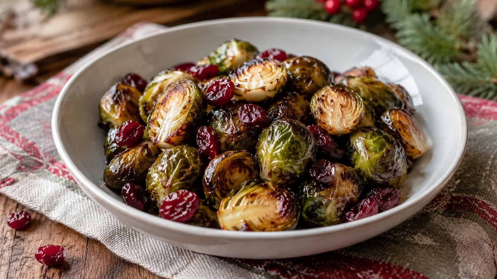 glossy balsamic-glazed Brussels sprouts with caramelized edges in a wide horizontal shot, in a shallow serving bowl with a scatter of cranberries, festive linen and wood table, natural light, shallow depth of field, landscape orientation