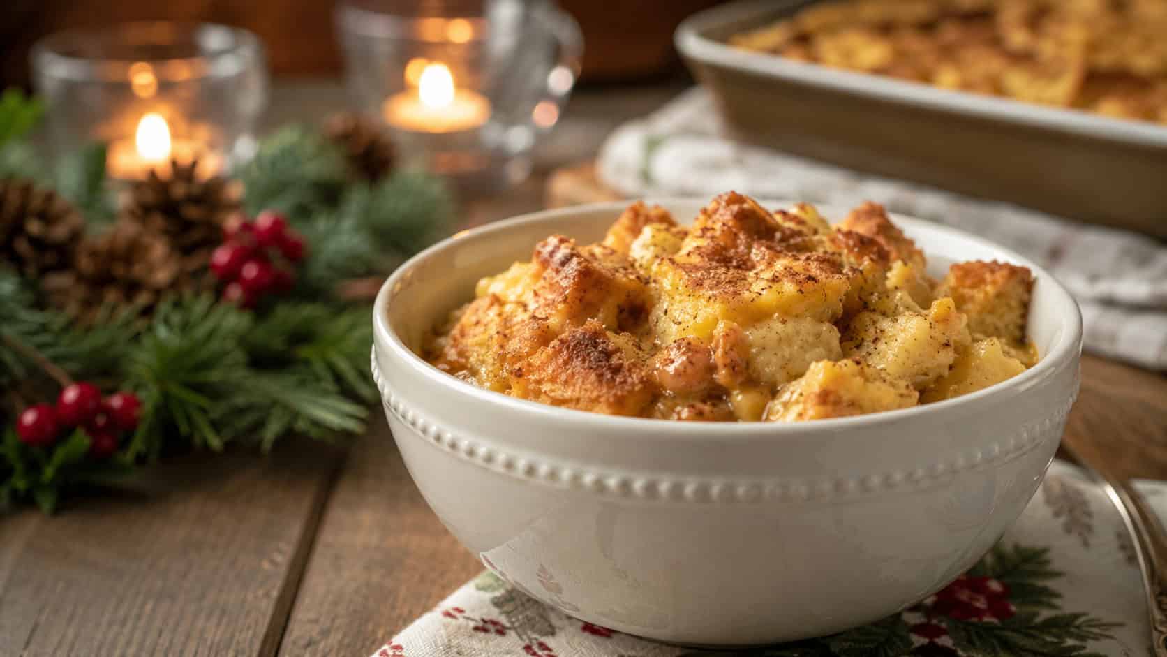 warm eggnog bread pudding scooped into a bowl with a golden custardy top and a dusting of nutmeg in a wide horizontal shot, holiday table with candles softly blurred, natural light, shallow depth of field, landscape orientation