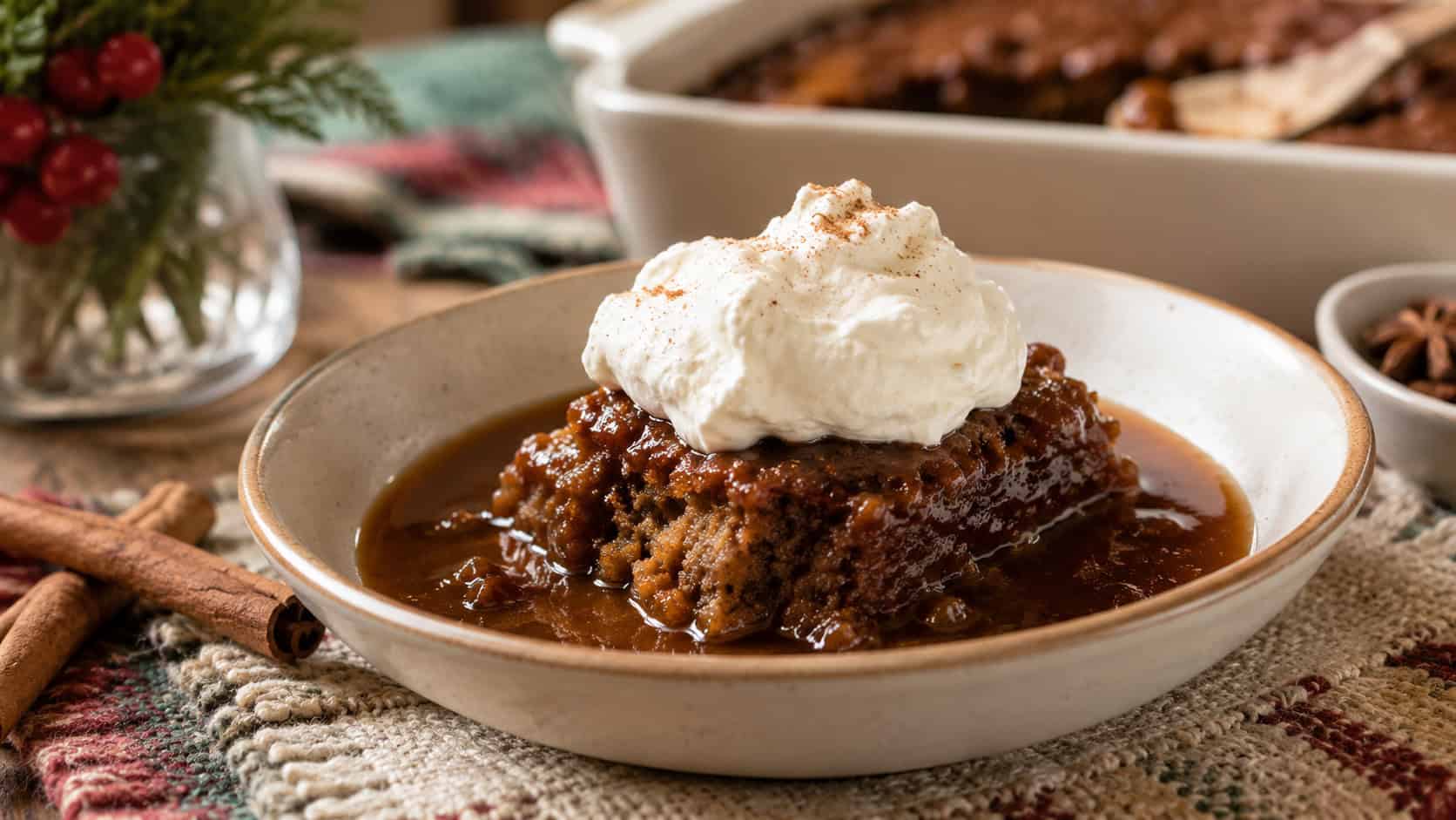 warm gingerbread pudding cake scooped into a bowl with caramel sauce pooling around it in a wide horizontal shot, dollop of whipped cream on top, festive table with cinnamon sticks, natural light, shallow depth of field, landscape orientation