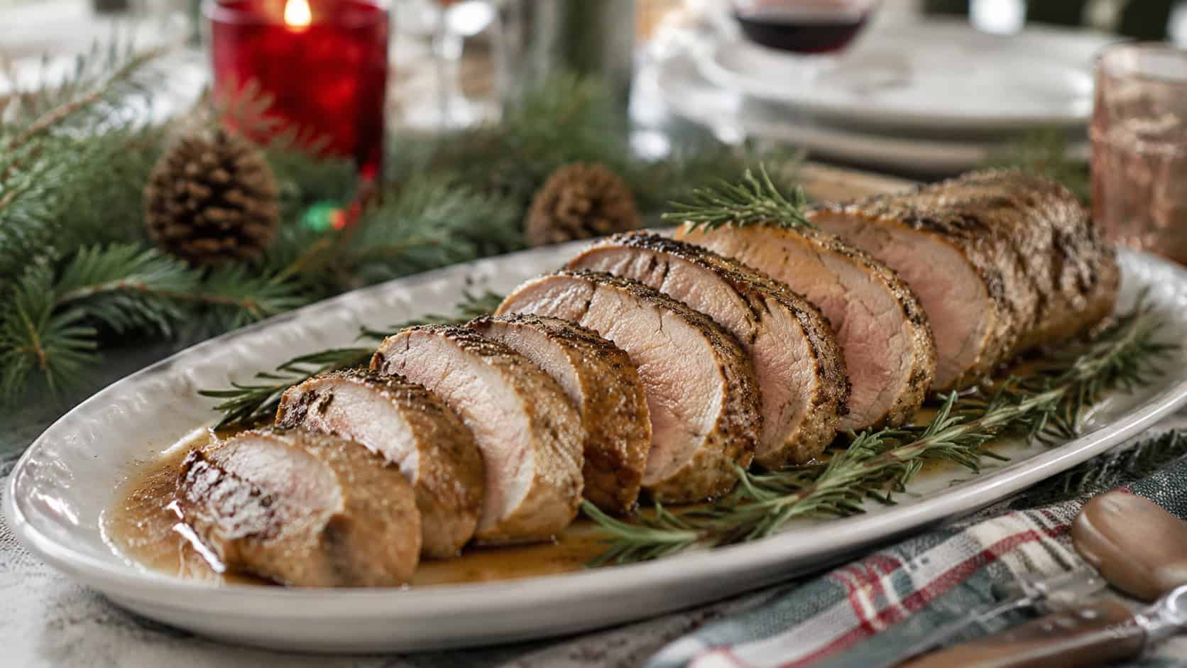 sliced rosemary pork tenderloin fanned on a platter with glistening pan juices and fresh rosemary sprigs in a wide horizontal shot, festive holiday table with greenery, natural light, shallow depth of field, landscape orientation