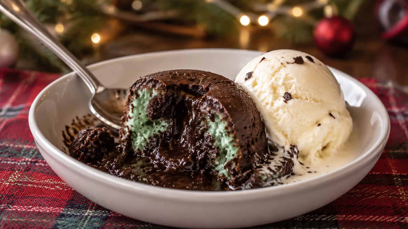 warm mint chocolate lava cake scooped into a bowl with melted chocolate oozing out in a wide horizontal shot, scoop of vanilla ice cream melting beside it, festive table, natural light, shallow depth of field, landscape orientation