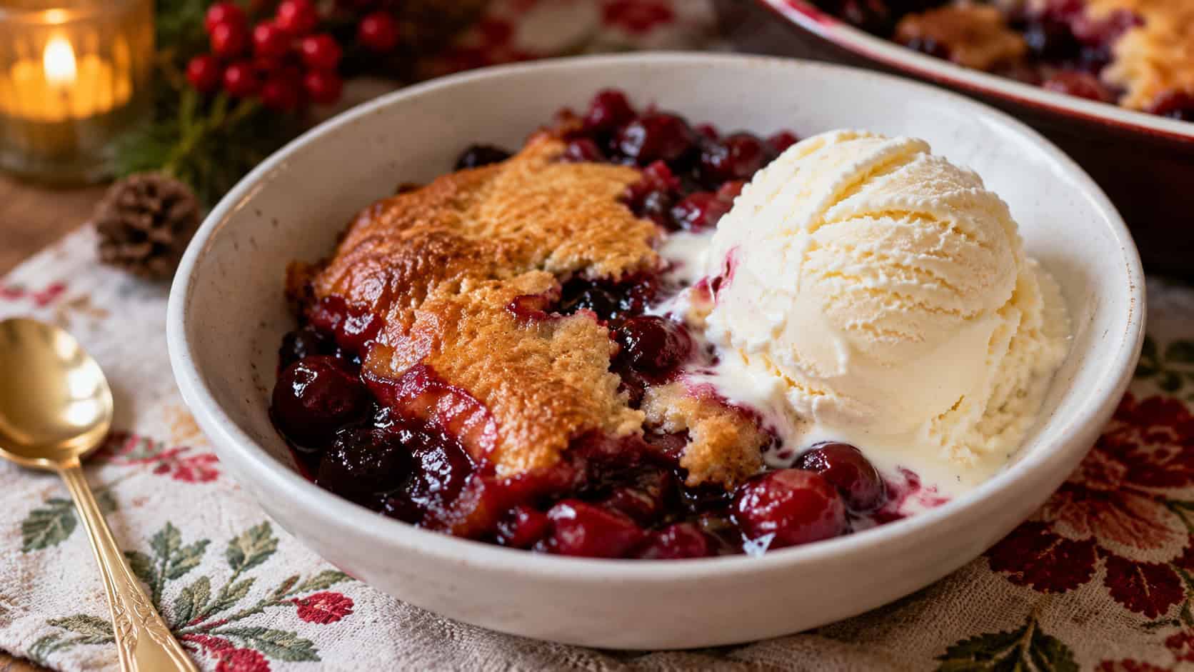 warm cherry chocolate cobbler scooped into a bowl with bubbling cherries and a golden cakey top in a wide horizontal shot, melting scoop of vanilla ice cream beside it, festive table, natural light, shallow depth of field, landscape orientation