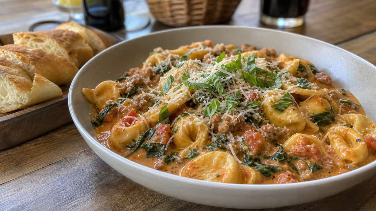 cheesy sausage and spinach tortellini in a creamy tomato sauce in a wide horizontal shot, served in a bowl with melted Parmesan and basil, rustic table with bread alongside, natural light, shallow depth of field, landscape orientation