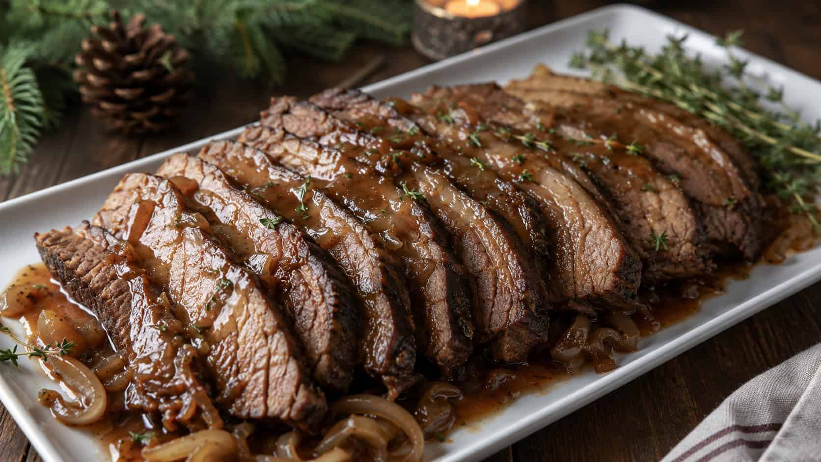 sliced beef brisket fanned out and glistening with rich onion gravy in a wide horizontal shot, on a white serving platter with caramelized onions and thyme, dark wood holiday table, natural light, shallow depth of field, landscape orientation