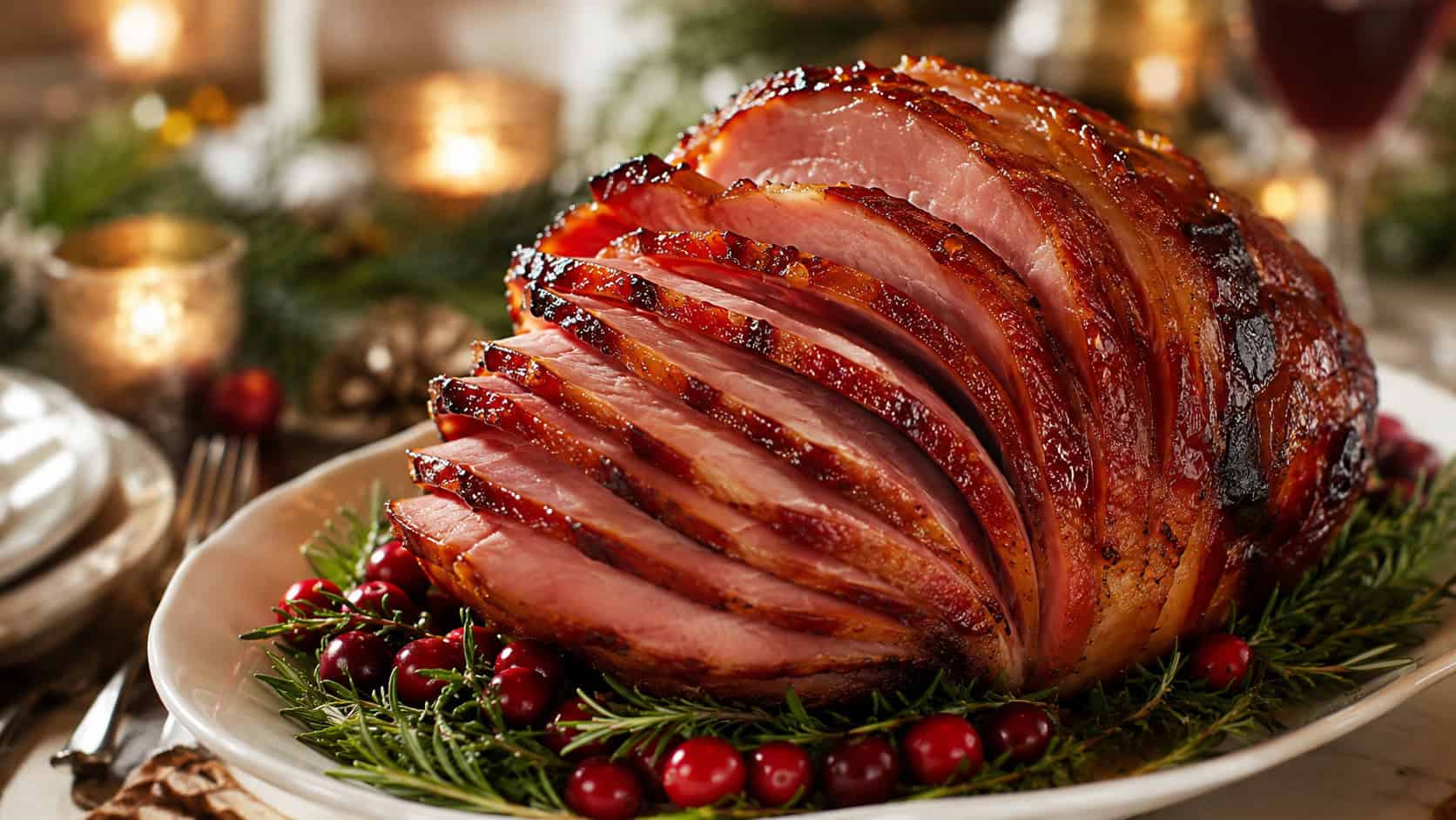 a honey-glazed spiral ham with glossy caramelized edges in a wide horizontal shot, on a festive platter surrounded by rosemary and cranberries, holiday dinner table with candles softly blurred behind, natural light, shallow depth of field, landscape orientation