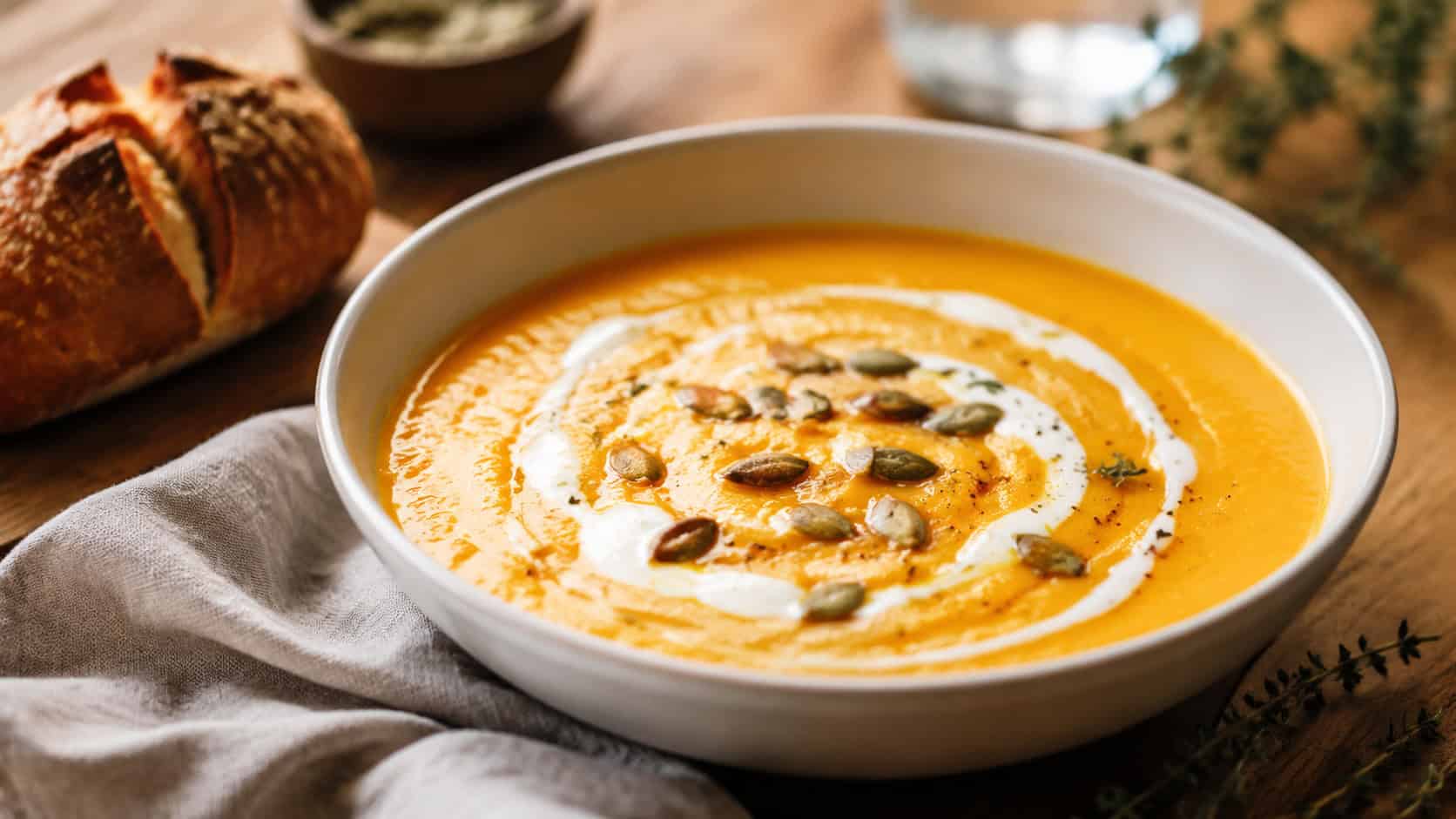 velvety golden butternut squash soup in a shallow bowl with a swirl of cream and toasted pumpkin seeds in a wide horizontal shot, rustic linen napkin and bread alongside, warm wooden table, natural light, shallow depth of field, landscape orientation