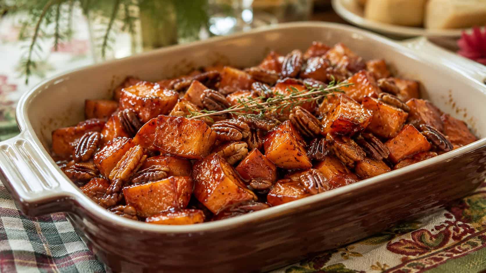 glazed maple bourbon sweet potato chunks glistening with syrup and toasted pecans in a wide horizontal shot, in a rustic baking dish on a holiday table, sprig of thyme on top, natural light, shallow depth of field, landscape orientation