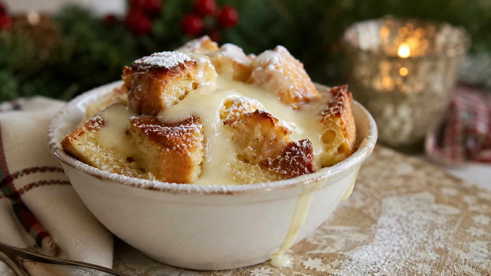 a warm scoop of white chocolate bread pudding with a golden custardy top and a drizzle of vanilla cream in a wide horizontal shot, in a small dessert bowl on a festive table, dusting of powdered sugar, natural light, shallow depth of field, landscape orientation