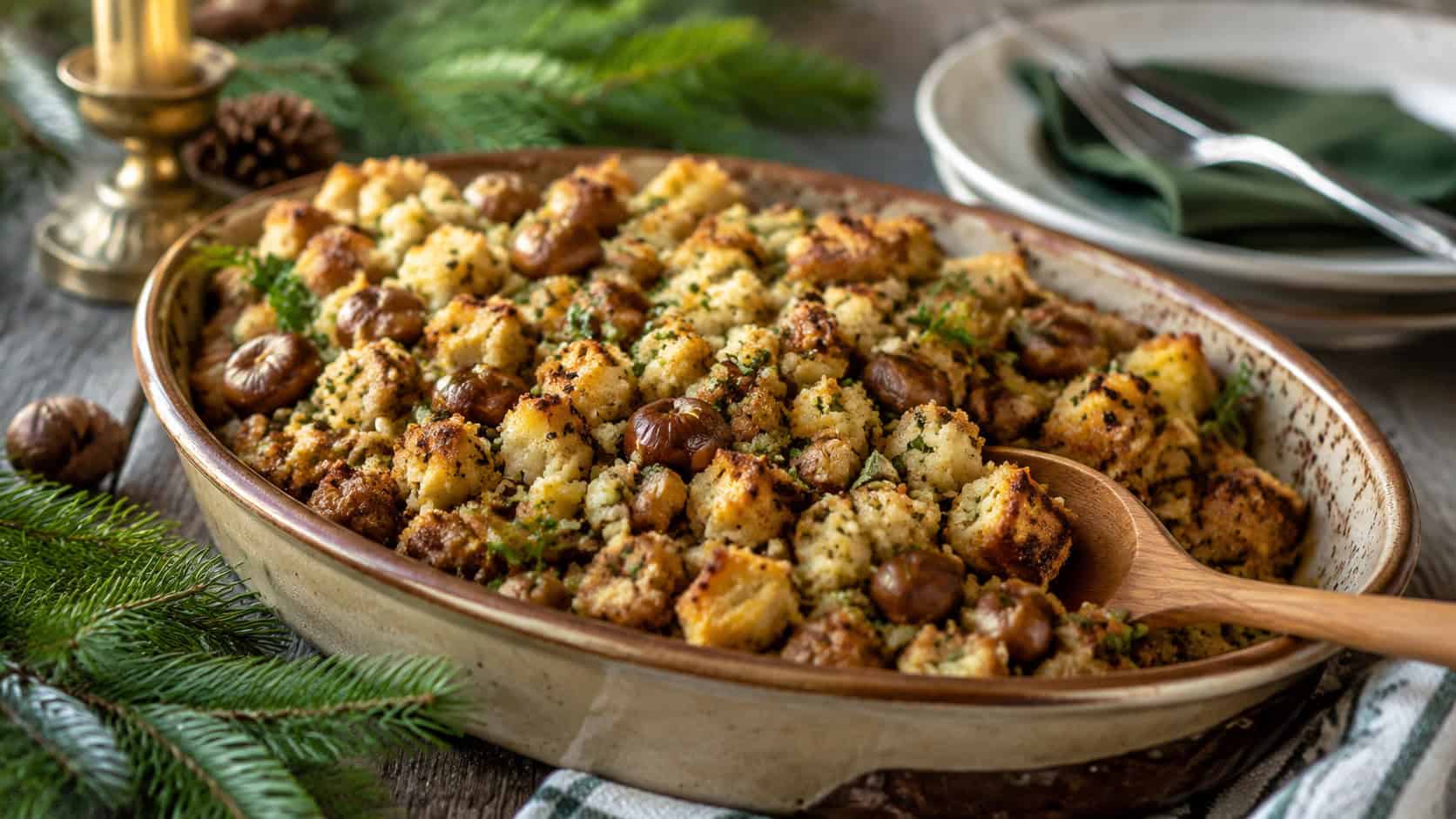 golden chestnut stuffing with visible herbs and chestnut pieces in a wide horizontal shot, in a rustic serving dish with a wooden spoon, holiday table with greenery, natural light, shallow depth of field, landscape orientation