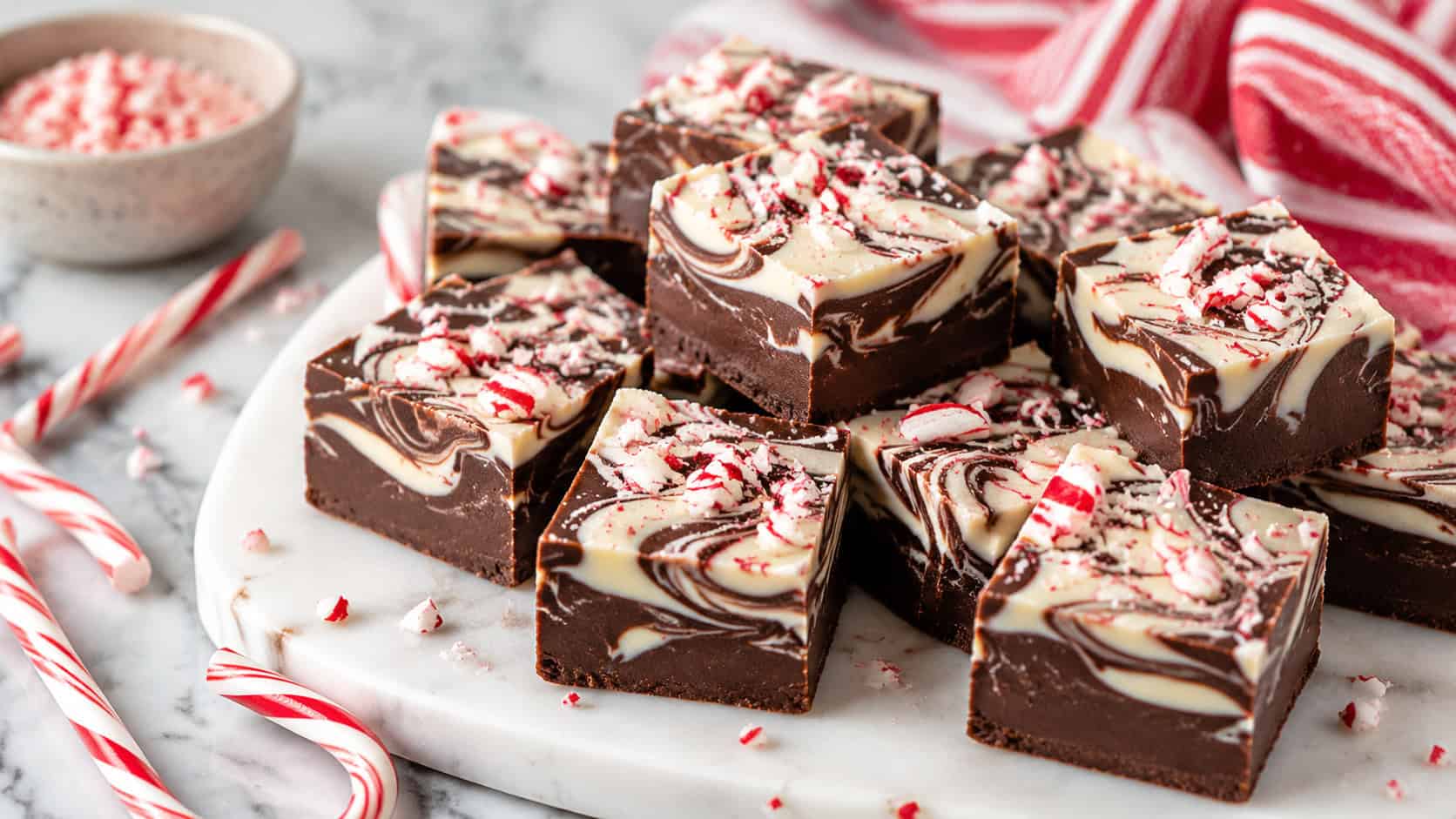 dark chocolate fudge squares swirled with white chocolate and topped with crushed red candy canes on a white marble board in a wide horizontal shot, full candy canes and a striped napkin nearby, soft natural light, shallow depth of field, landscape orientation
