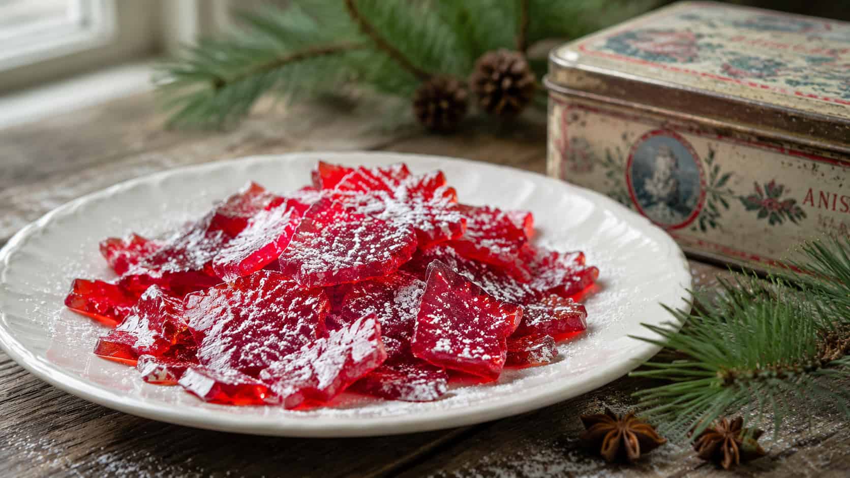 glossy deep red anise hard candy shards dusted with powdered sugar on a white plate in a wide horizontal shot, a vintage tin and pine sprigs nearby, soft natural light, shallow depth of field, landscape orientation