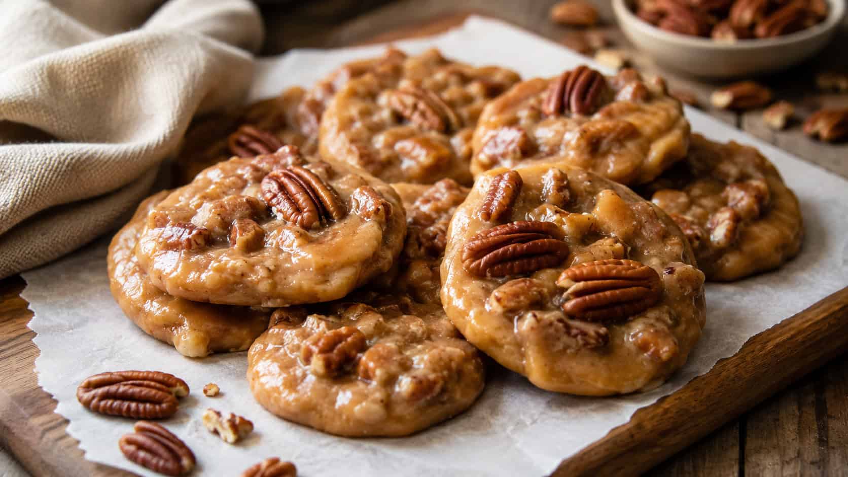 golden pecan pralines clustered with toasted pecans on a parchment-lined board in a wide horizontal shot, loose pecans and a linen napkin nearby, warm natural light, shallow depth of field, landscape orientation