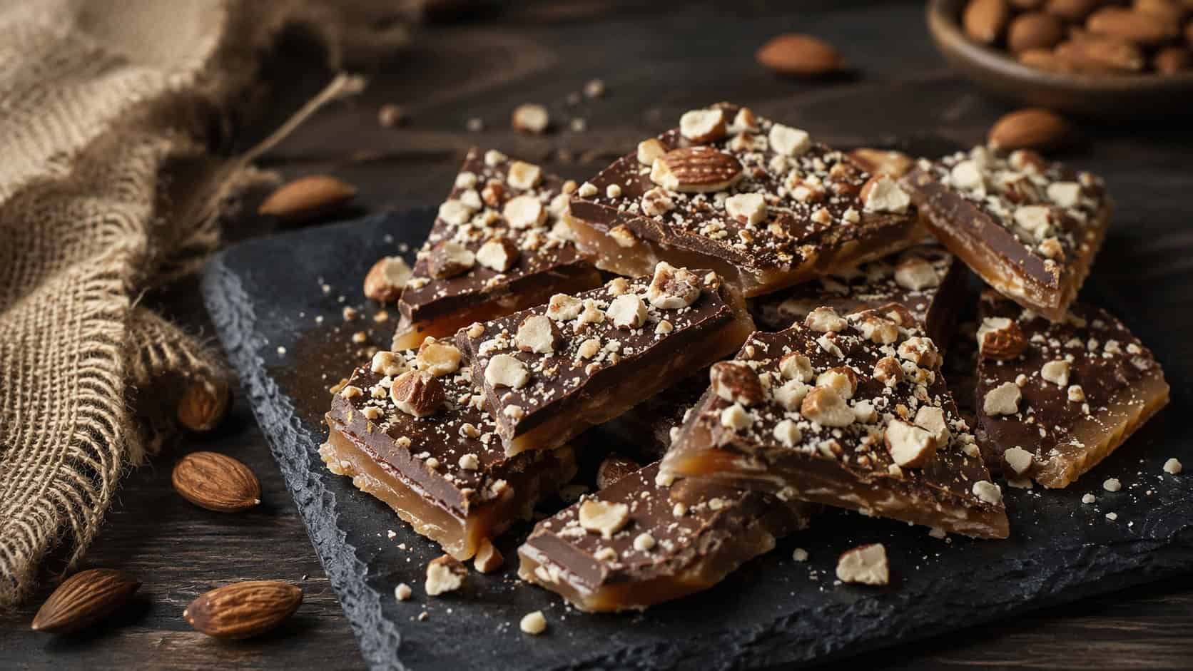 broken chocolate-topped toffee pieces sprinkled with chopped almonds on a dark board in a wide horizontal shot, a burlap cloth and scattered almonds nearby, warm moody light, shallow depth of field, landscape orientation