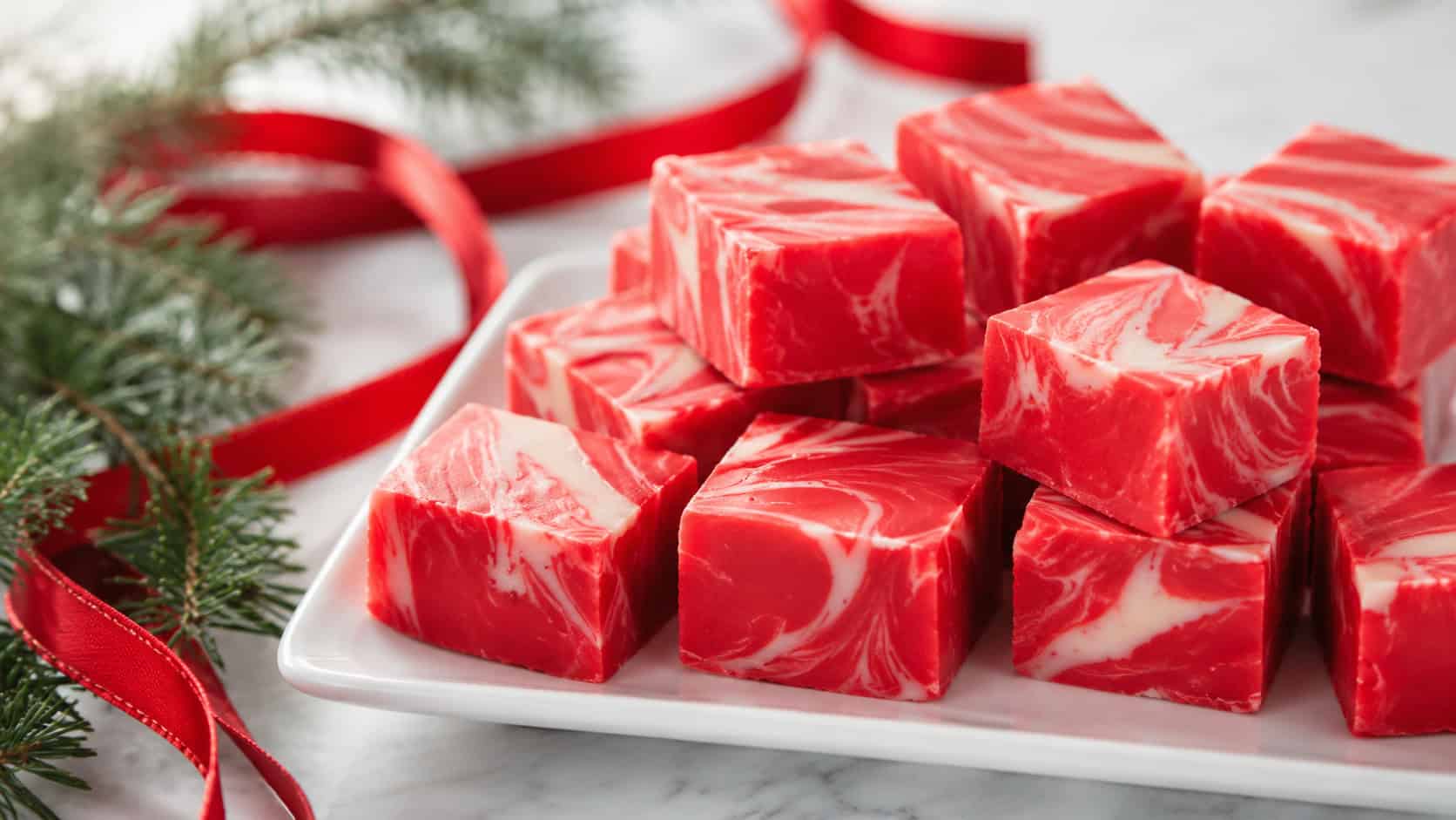 bright red fudge squares swirled with white chocolate on a white plate in a wide horizontal shot, red ribbon and evergreen sprigs beside them, soft bright light, shallow depth of field, landscape orientation