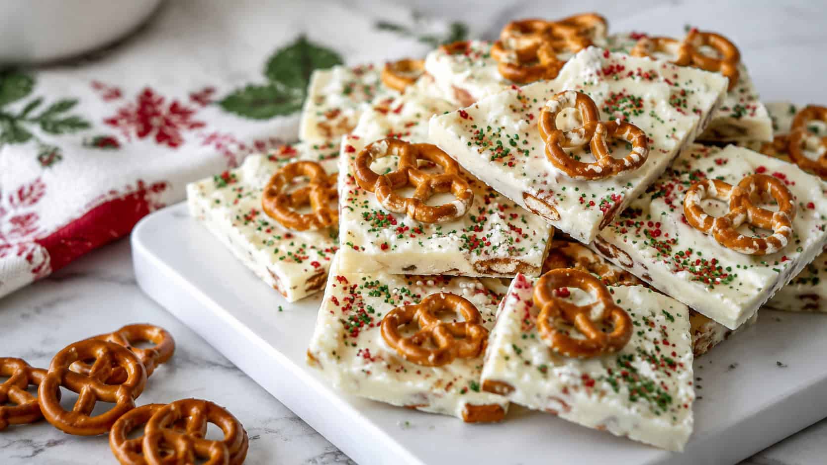 white chocolate pretzel bark pieces covered in pretzels and red-green sprinkles on a white board in a wide horizontal shot, a festive napkin and loose pretzels nearby, soft bright light, shallow depth of field, landscape orientation