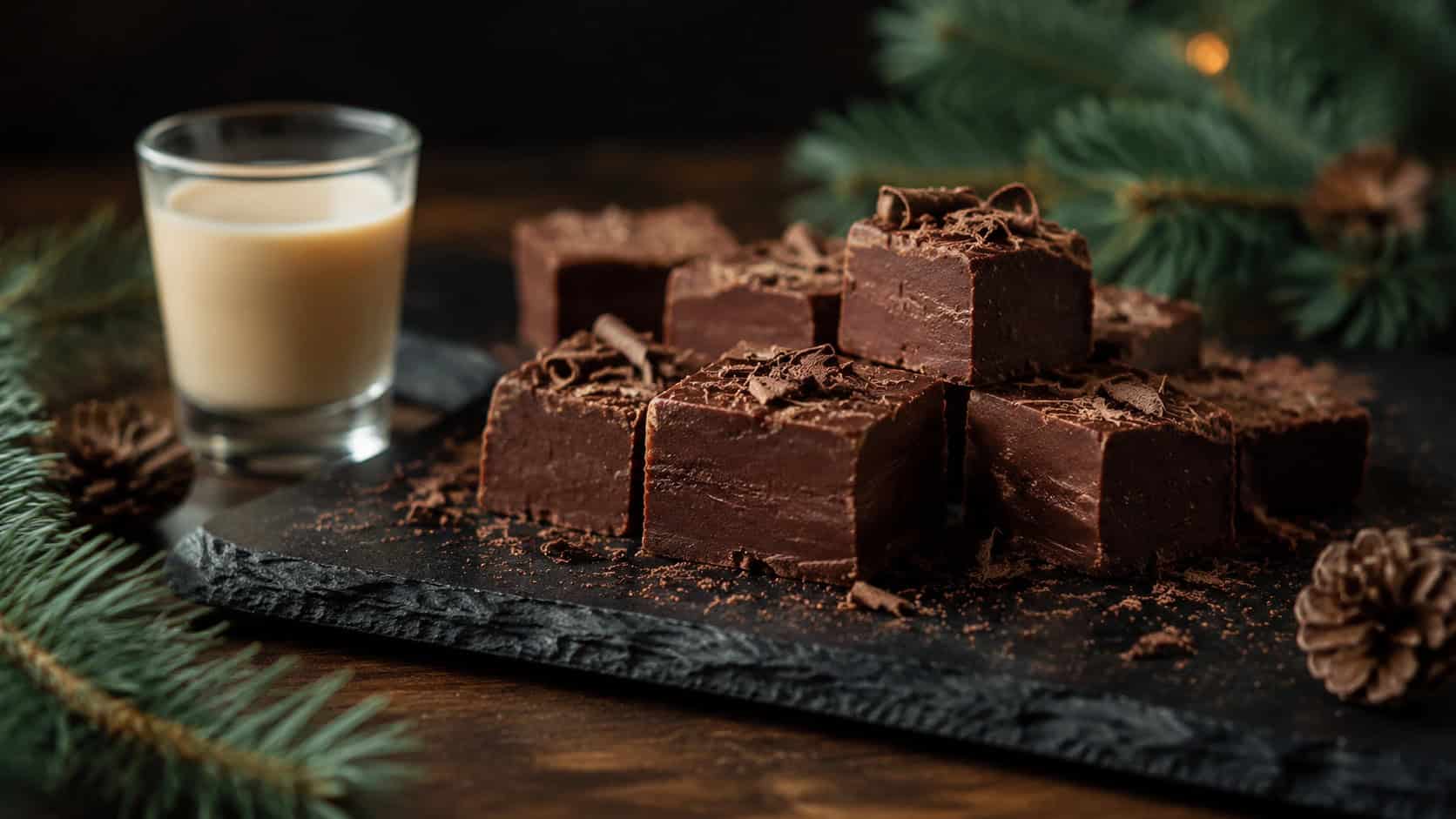 dark chocolate fudge squares topped with chocolate shavings on a slate board in a wide horizontal shot, a small glass of cream liqueur and pine sprigs nearby, warm moody light, shallow depth of field, landscape orientation