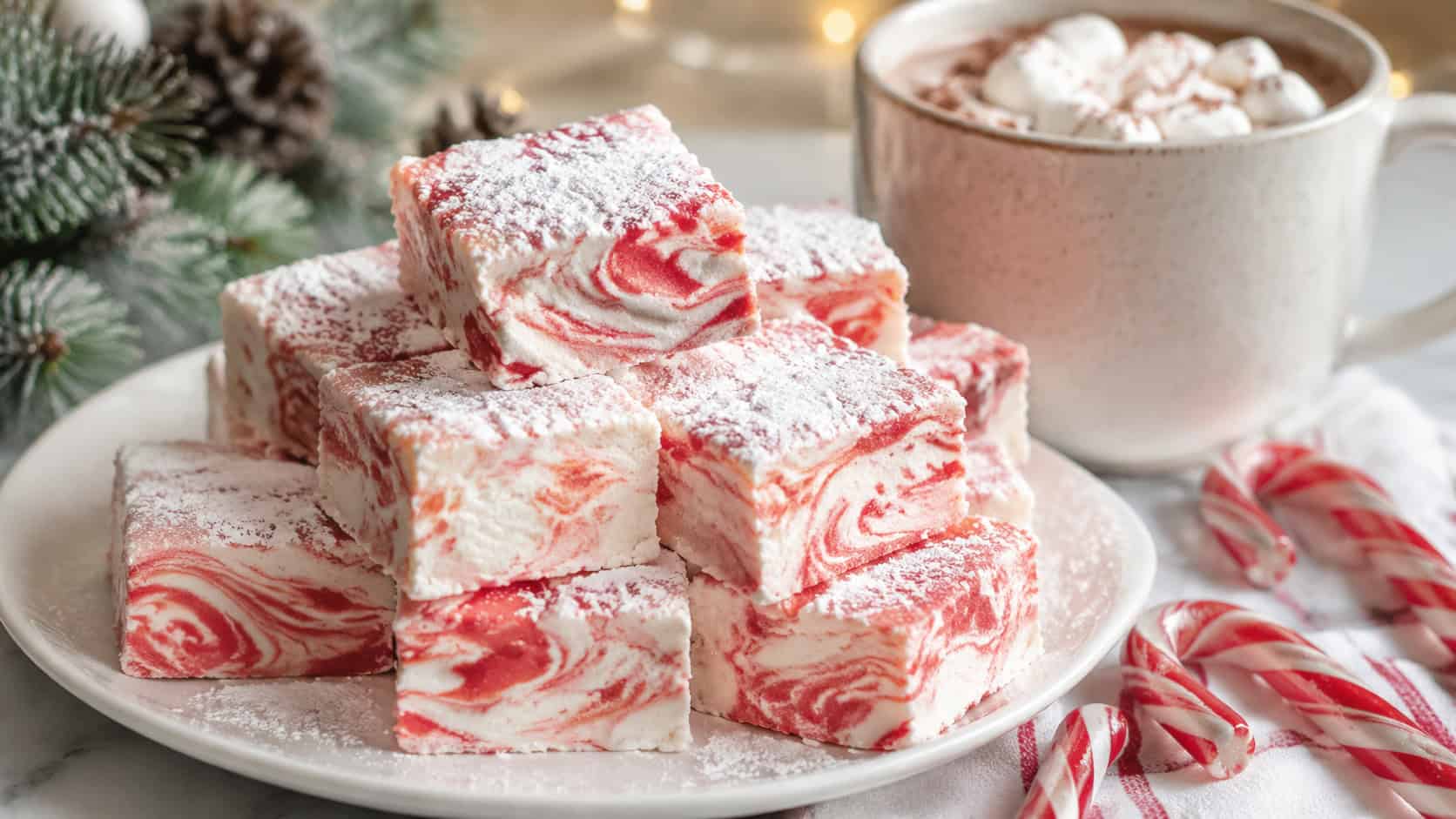 fluffy red-swirled marshmallow squares dusted with powdered sugar piled on a white plate in a wide horizontal shot, a mug of hot cocoa and candy canes beside them, soft bright light, shallow depth of field, landscape orientation
