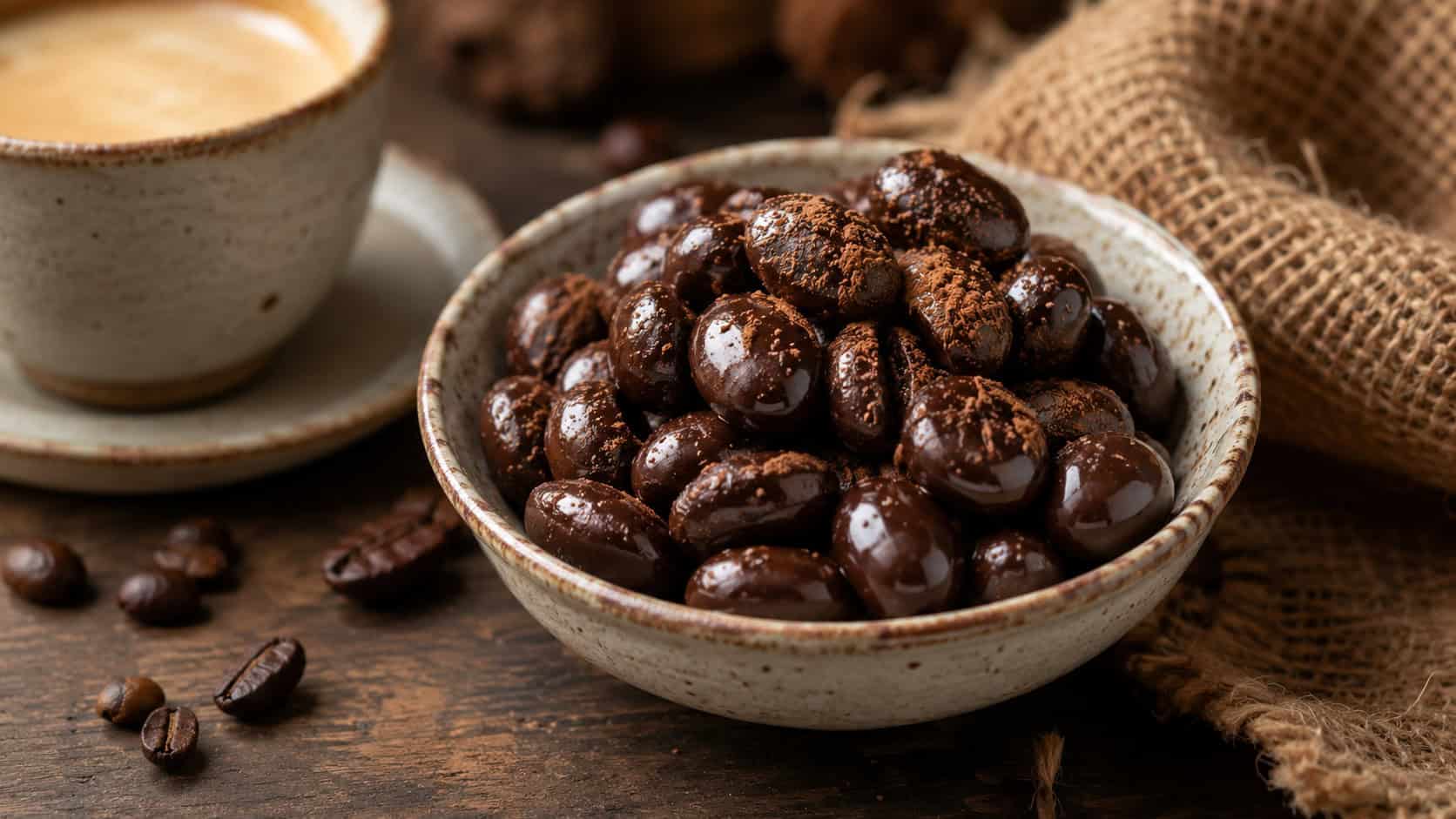 glossy chocolate-covered espresso beans dusted with cocoa heaped in a small ceramic bowl in a wide horizontal shot, a cup of coffee and burlap beside it, warm moody light, shallow depth of field, landscape orientation