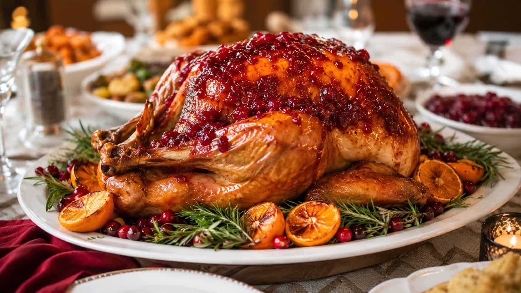 a golden roast turkey glazed with cranberry on a large platter in a wide horizontal shot, surrounded by roasted citrus and herbs, festive table, warm natural light, shallow depth of field, landscape orientation
