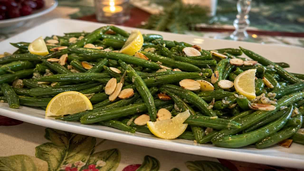 glossy garlic butter green beans on a white platter in a wide horizontal shot, slivered almonds and lemon wedges scattered, festive table, warm natural light, shallow depth of field, landscape orientation