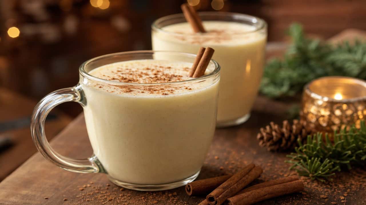 creamy spiced eggnog in glass mugs on a wooden table in a wide horizontal shot, dusting of nutmeg and cinnamon sticks, cozy holiday glow, warm natural light, shallow depth of field, landscape orientation