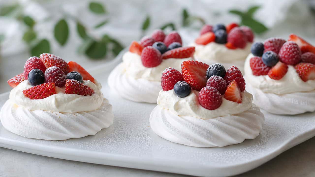 mini pavlovas topped with whipped cream and fresh berries on a white platter in a wide horizontal shot, dusting of powdered sugar, bright natural light, shallow depth of field, landscape orientation