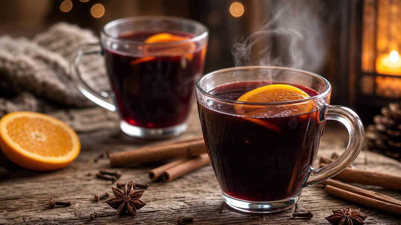 steaming mulled wine in clear mugs on a rustic table in a wide horizontal shot, floating orange slices, cinnamon sticks and star anise nearby, cozy warm light, shallow depth of field, landscape orientation