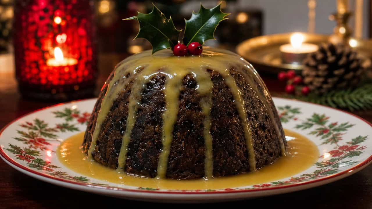 a domed plum pudding on a festive plate in a wide horizontal shot, glossy sauce dripping down the sides, holly garnish on top, warm candlelight, shallow depth of field, landscape orientation