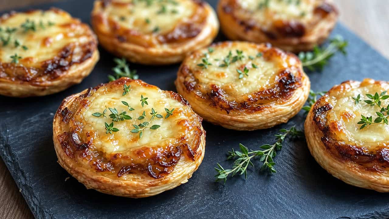 golden caramelized onion and gruyere tartlets on a slate board in a wide horizontal shot, melted cheese and fresh thyme on top, warm natural light, shallow depth of field, landscape orientation