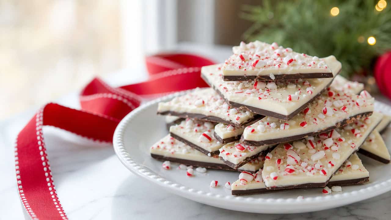 peppermint bark shards stacked on a white plate in a wide horizontal shot, crushed red and white candy cane pieces on top, festive ribbon nearby, bright natural light, shallow depth of field, landscape orientation