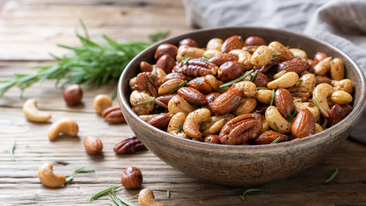 glossy rosemary roasted mixed nuts in a rustic bowl in a wide horizontal shot, flecks of fresh rosemary, scattered nuts on the wooden table, warm natural light, shallow depth of field, landscape orientation