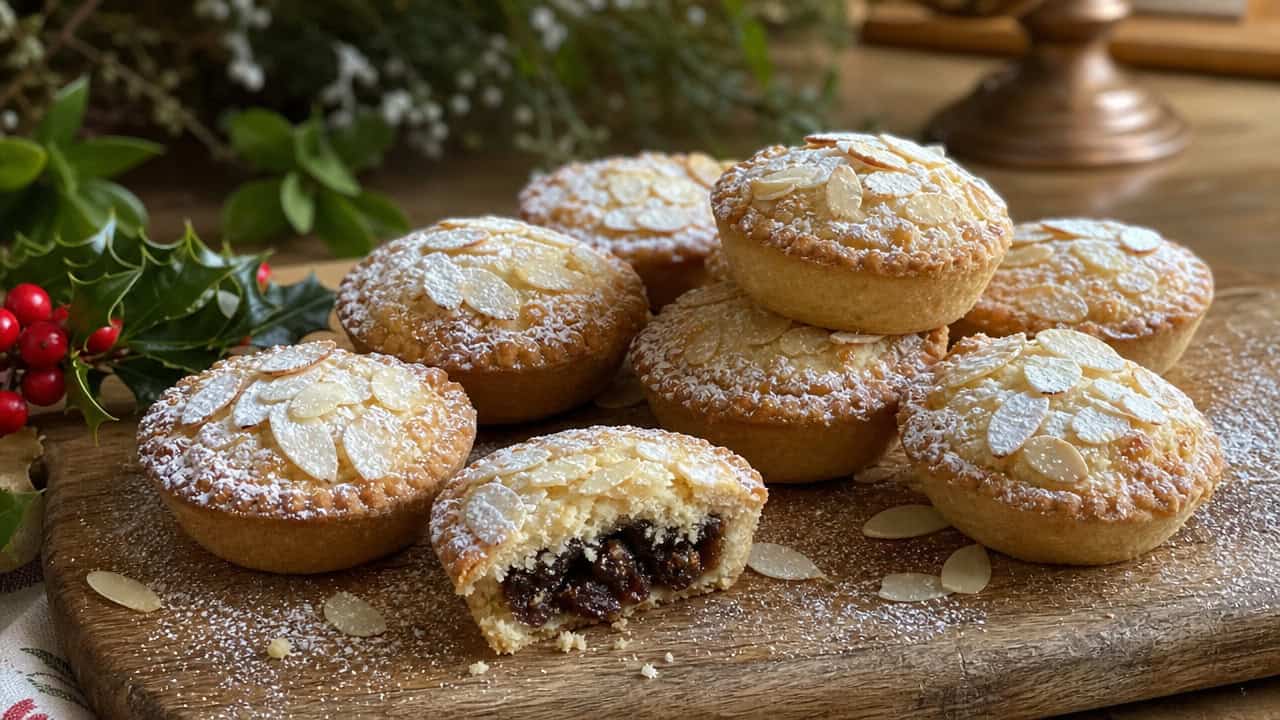golden cherry almond mince pies dusted with powdered sugar on a wooden board in a wide horizontal shot, sliced almonds on top, festive greenery nearby, warm natural light, shallow depth of field, landscape orientation