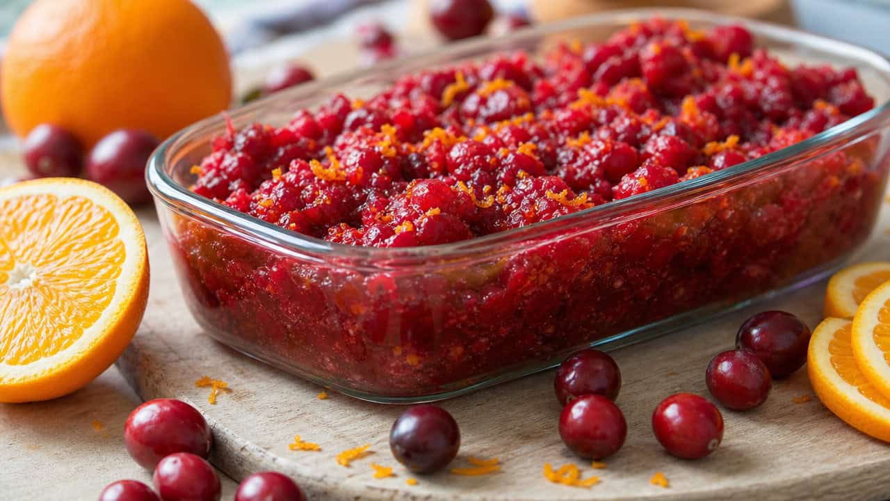vibrant cranberry orange relish in a glass dish in a wide horizontal shot, flecks of orange zest, fresh cranberries and orange slices around it, bright natural light, shallow depth of field, landscape orientation