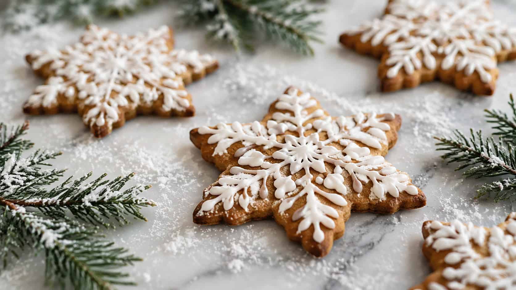 white-iced gingerbread snowflake cookies on a marble surface in a wide horizontal shot, dusting of powdered sugar like snow, evergreen sprigs around them, soft natural light, shallow depth of field, landscape orientation