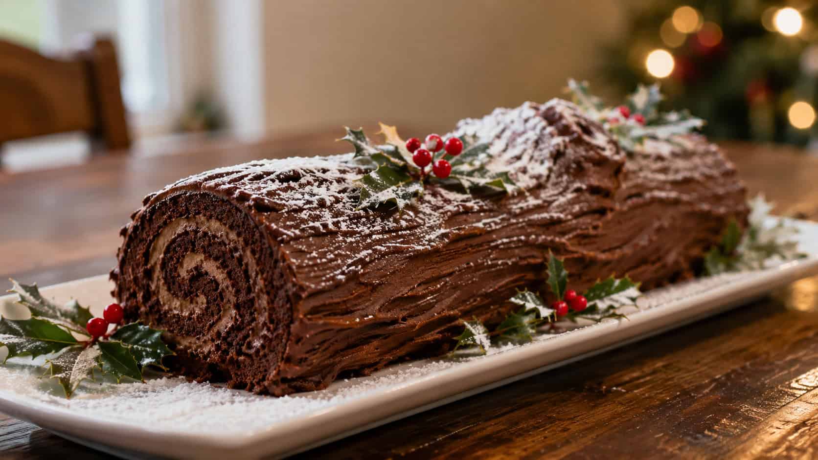 a chocolate buche de noel yule log cake on a long platter in a wide horizontal shot, bark-textured frosting, dusted with powdered sugar snow and holly, warm natural light, shallow depth of field, landscape orientation