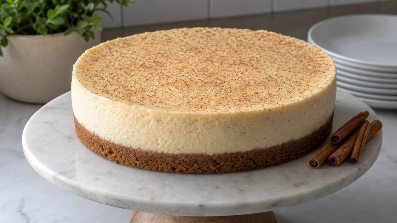 a creamy eggnog cheesecake with a graham crust on a cake stand in a wide horizontal shot, dusting of nutmeg on top, cinnamon sticks beside it, soft natural light, shallow depth of field, landscape orientation