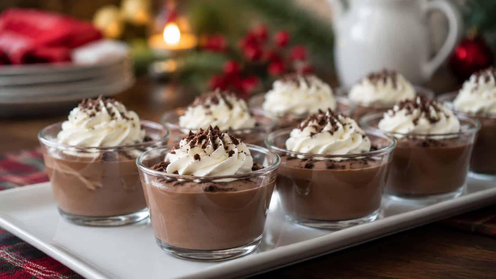 individual chocolate mousse cups topped with cream and shavings on a tray in a wide horizontal shot, glossy mousse, festive table behind, soft natural light, shallow depth of field, landscape orientation