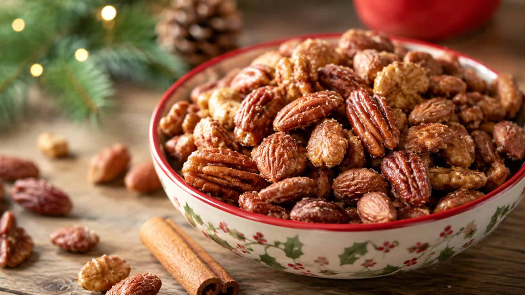 sugared holiday spiced nuts piled in a festive bowl in a wide horizontal shot, glossy cinnamon coating, scattered nuts and a cinnamon stick on the table, warm natural light, shallow depth of field, landscape orientation