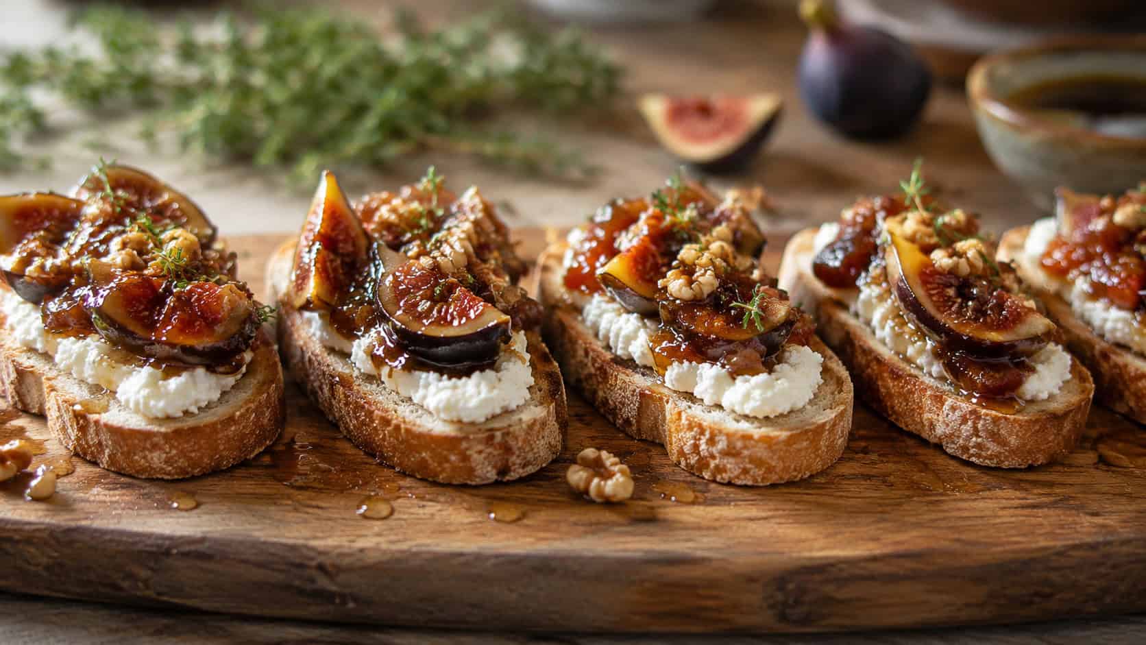goat cheese and fig crostini lined up on a wooden board in a wide horizontal shot, glossy fig jam and chopped walnuts on top, drizzle of honey, warm natural light, shallow depth of field, landscape orientation