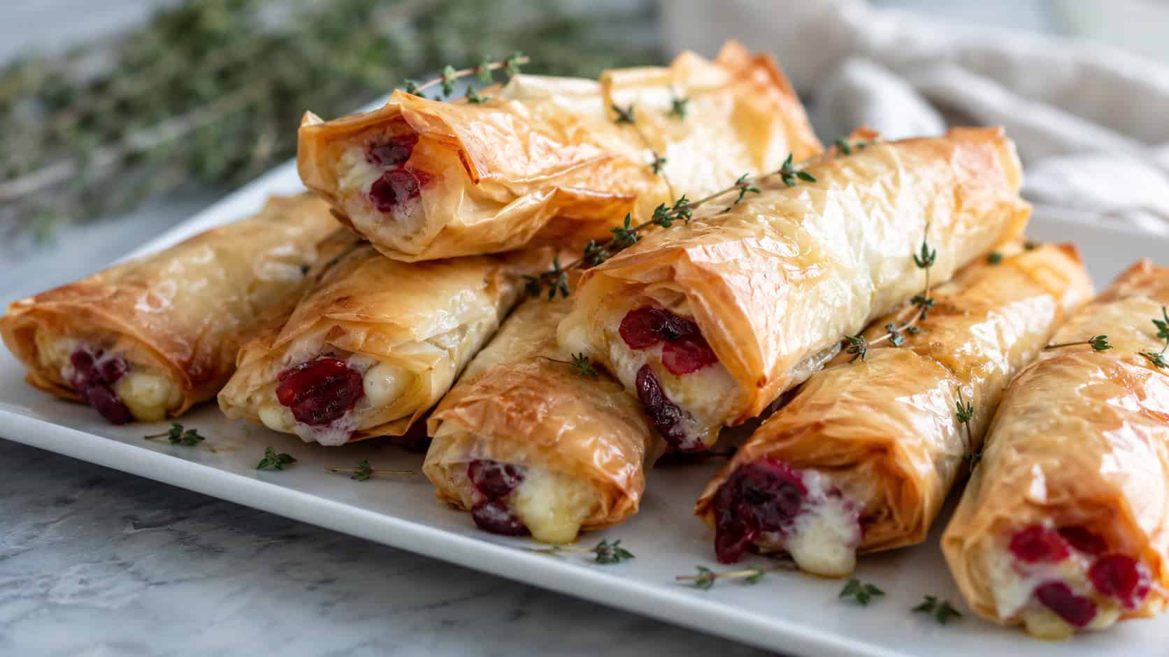 crisp golden phyllo rolls on a white platter in a wide horizontal shot, melty cheese and ruby cranberry peeking out, thyme sprigs scattered, soft natural light, shallow depth of field, landscape orientation