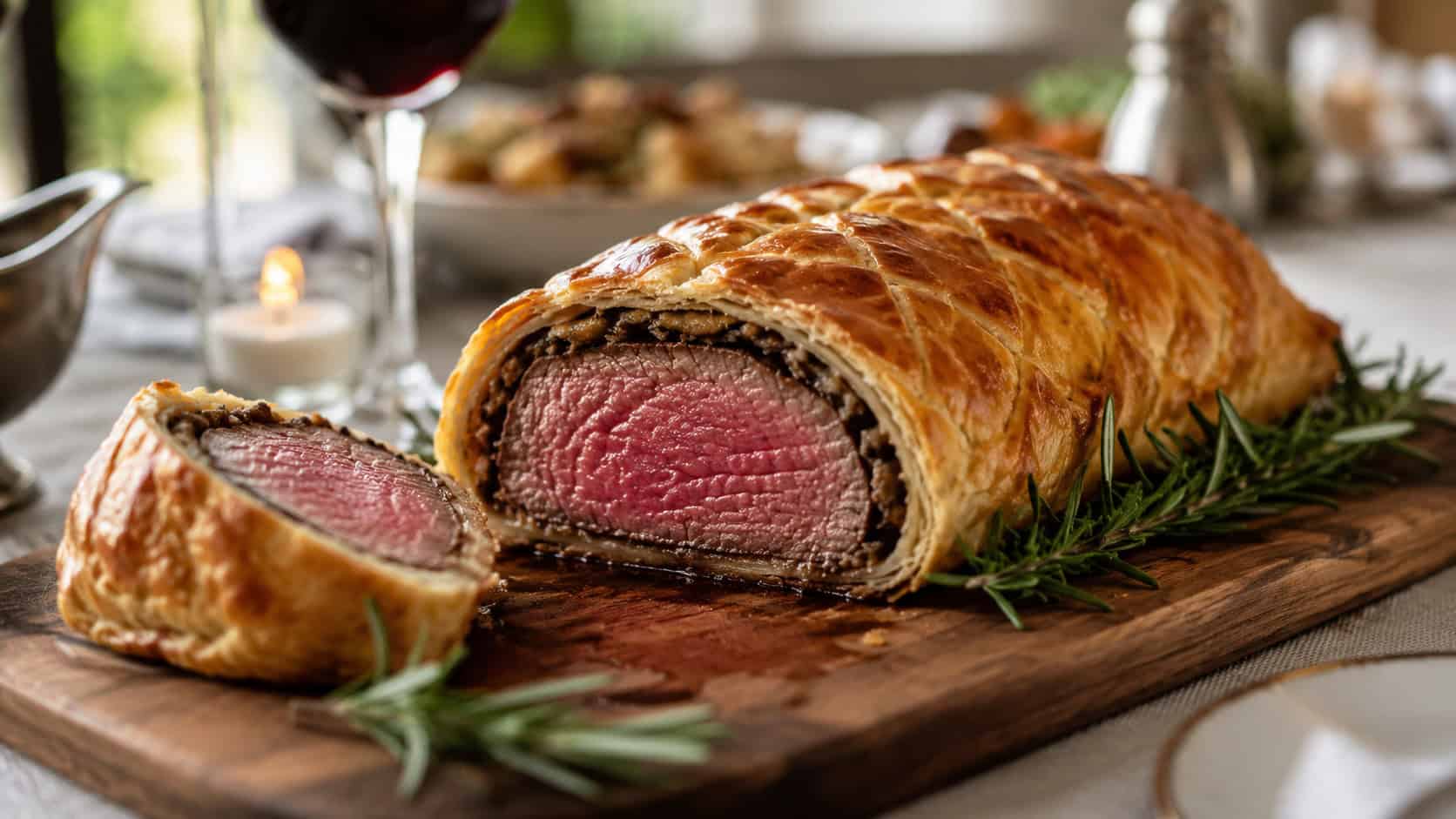 a sliced beef wellington showing pink center and golden pastry on a wooden board in a wide horizontal shot, rosemary garnish, elegant table, warm natural light, shallow depth of field, landscape orientation