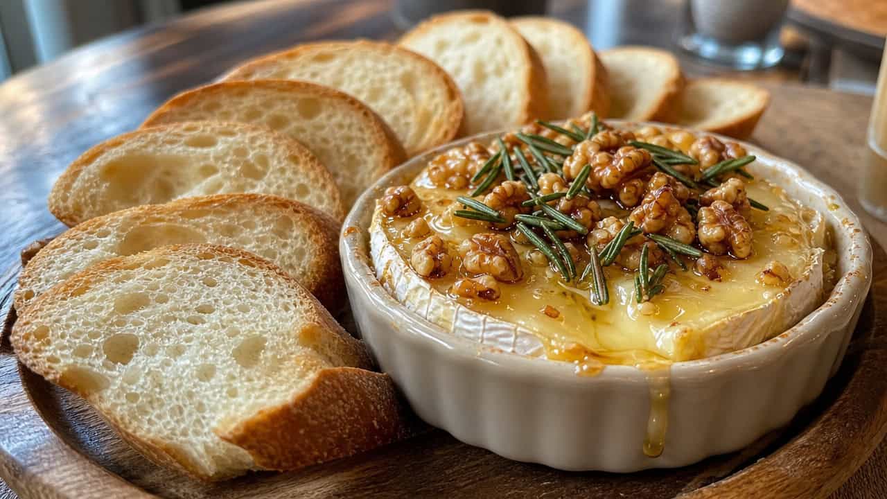 a molten baked brie drizzled with honey in a small dish in a wide horizontal shot, rosemary and walnuts on top, baguette slices fanned around, warm natural light, shallow depth of field, landscape orientation