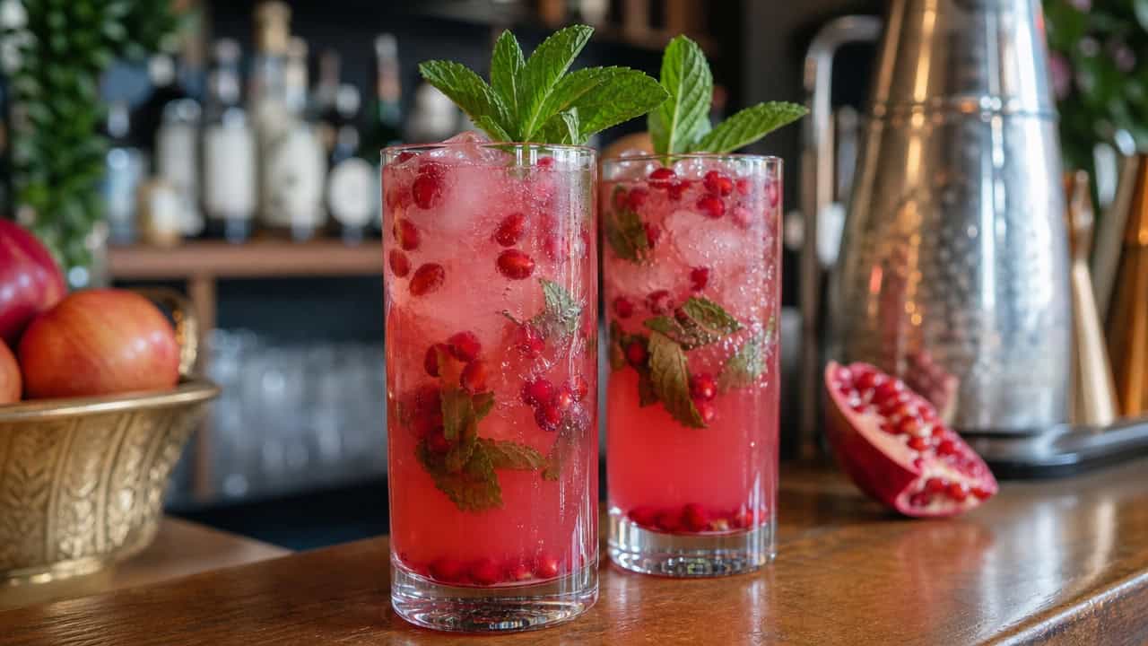 two ruby pomegranate gin fizz cocktails in tall glasses in a wide horizontal shot, fresh mint and pomegranate seeds floating, festive bar setting, soft natural light, shallow depth of field, landscape orientation