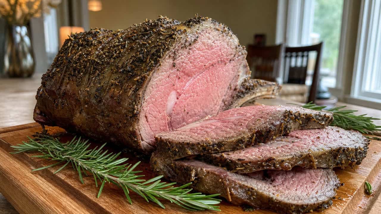 a sliced herb-crusted prime rib on a wooden carving board in a wide horizontal shot, rosy pink center and browned herb crust, rosemary sprigs around it, warm natural light, shallow depth of field, landscape orientation