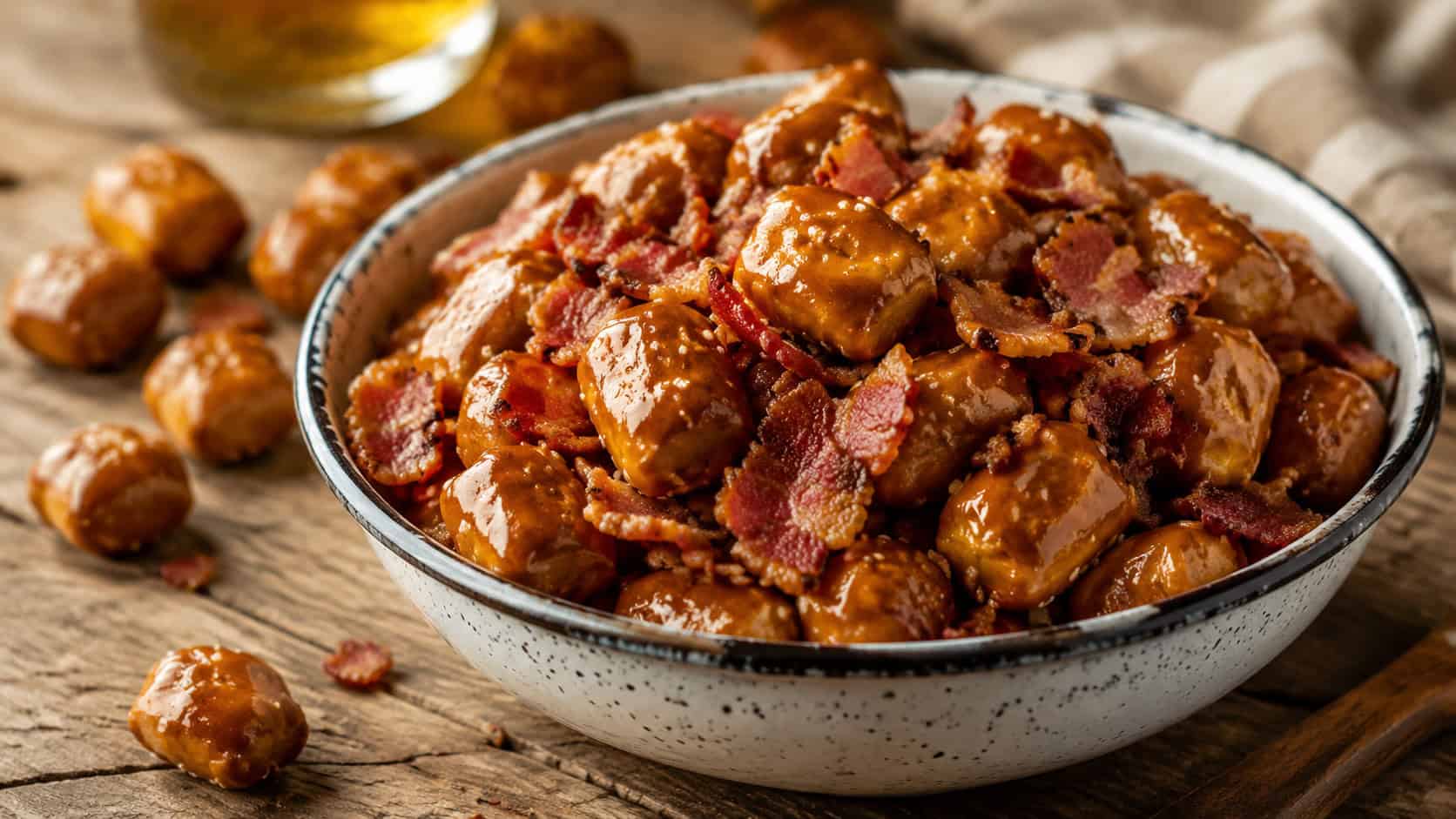 glazed pretzel nuggets tossed with crispy bacon piled in a rustic enamel bowl in a wide horizontal shot, glossy maple coating catching the light, a wooden table with scattered pretzels, warm natural light, shallow depth of field, landscape orientation