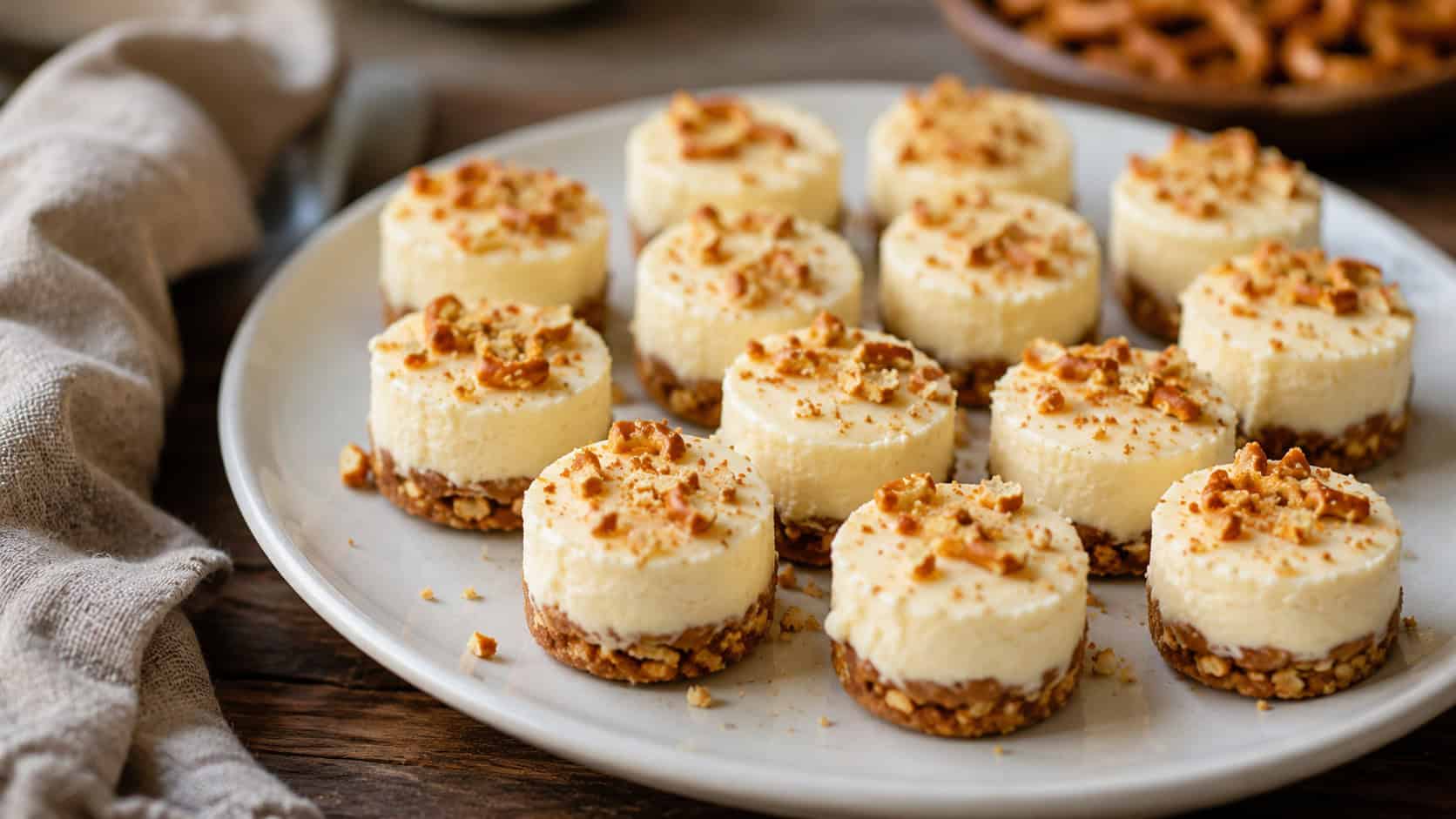 mini cheesecake bites with golden pretzel crusts arranged on a round white plate in a wide horizontal shot, soft creamy tops, a dusting of crushed pretzel crumbs, rustic linen napkin, warm natural light, shallow depth of field, landscape orientation