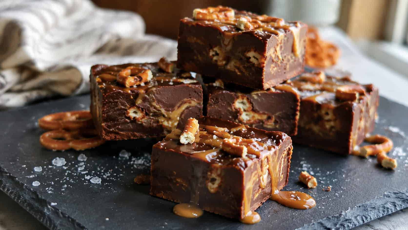 dark chocolate fudge squares with caramel swirls and pretzel pieces stacked on a slate board in a wide horizontal shot, a drizzle of caramel pooling nearby, flaky salt catching the light, cozy natural light, shallow depth of field, landscape orientation