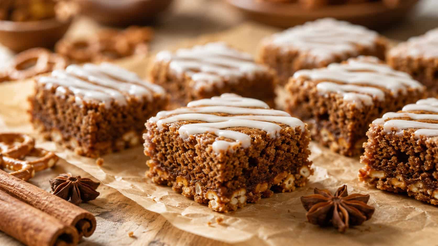 spiced gingerbread bars with a pretzel crust and white glaze drizzle arranged on parchment in a wide horizontal shot, warm brown crumb, cinnamon sticks and star anise scattered nearby, golden natural light, shallow depth of field, landscape orientation