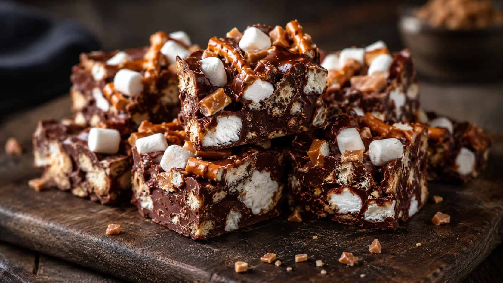 rocky road squares loaded with marshmallows, toffee, and pretzel pieces stacked on a dark wooden board in a wide horizontal shot, glossy chocolate edges, a scatter of toffee bits, moody natural light, shallow depth of field, landscape orientation